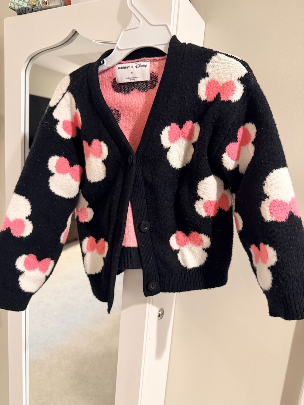 Old Navy Black Cardigan with Pink & White Minnie Bow Motifs